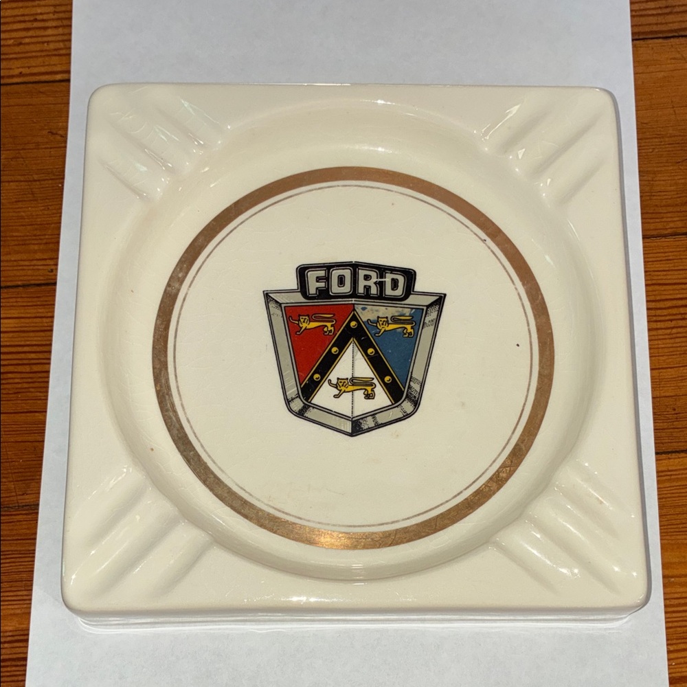 Vintage Ceramic Ford Ashtray with Ford Crest Emblem white used for vehicle 1950.